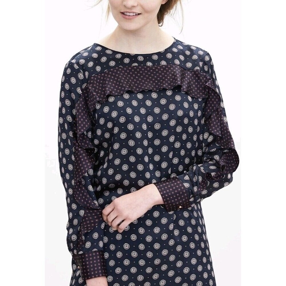 Banana Republic Silk Foulard Ruffle Dress 0- Mandala $178 Preppy Retro
